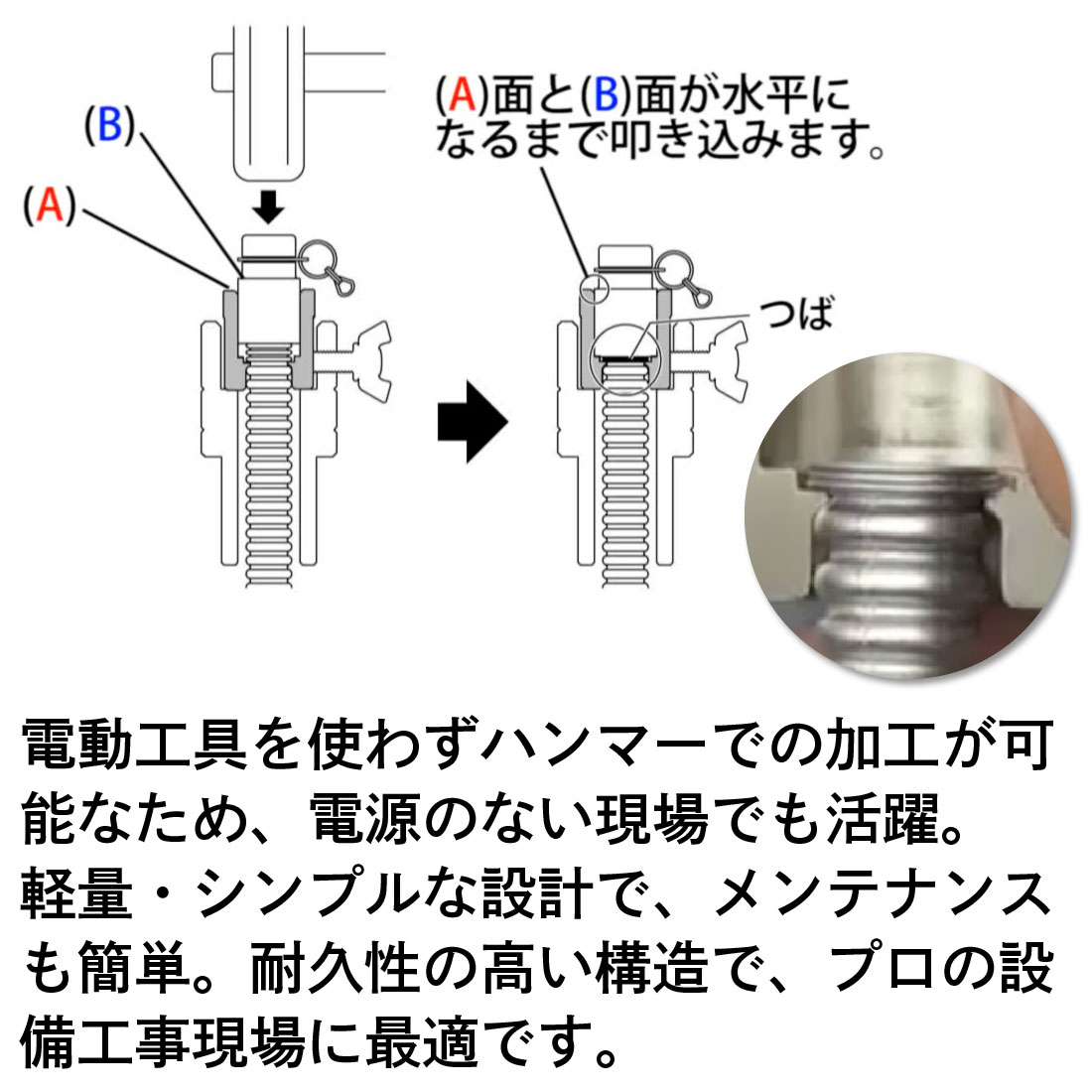 電動工具を使わずハンマーでの加工が可能 フレキパイプつば出し工具