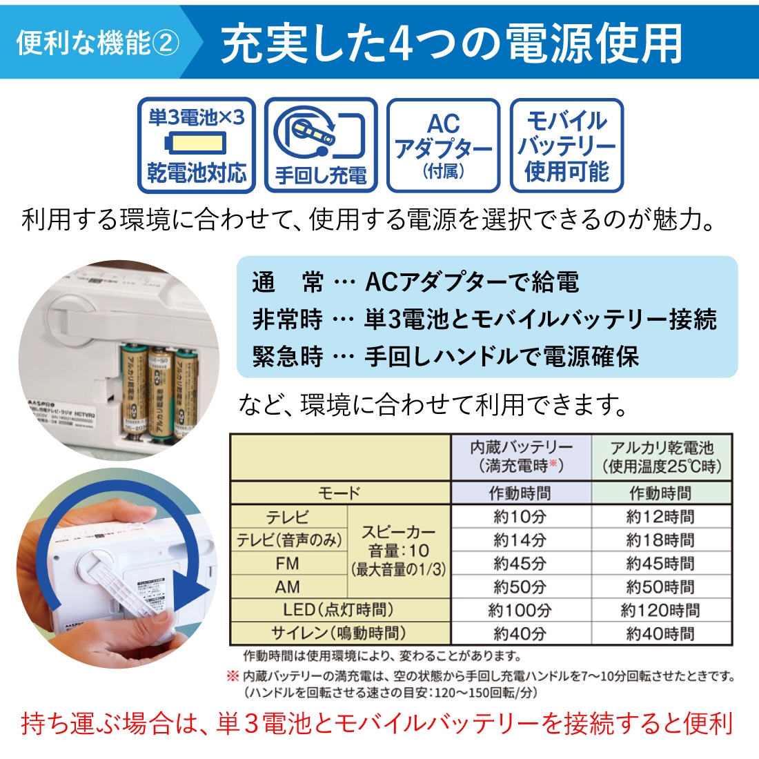 充実した4つの電源使用