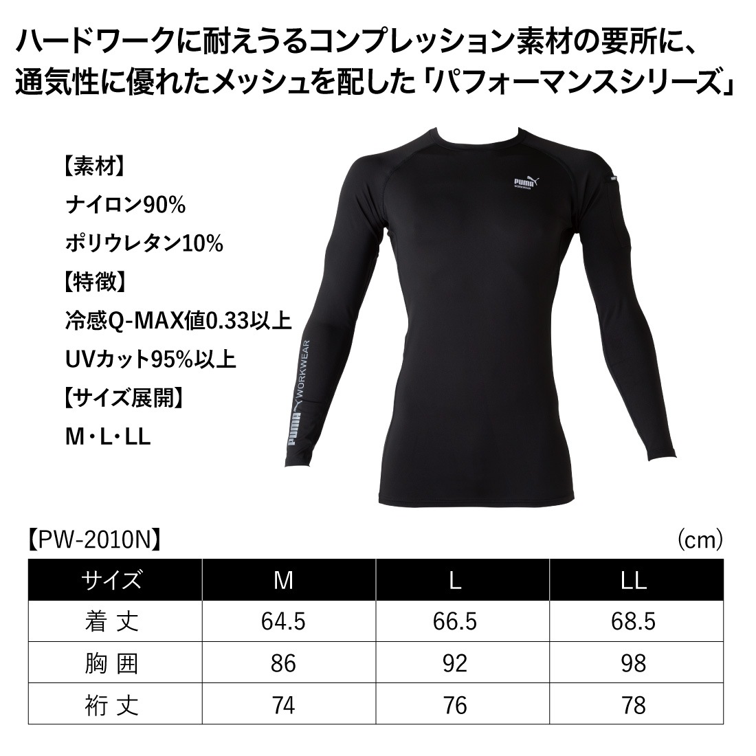 作業ウェアPUMA PW-2010N 長袖コンプレッションシャツ 作業服・スポーツ兼用 涼感インナー
