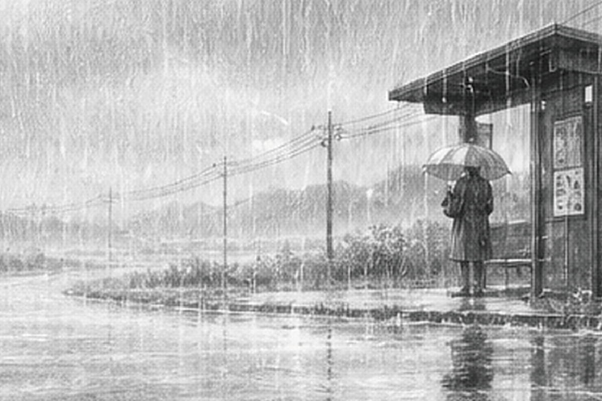 鉛筆デッサン：雨の停留所（透 白雨）