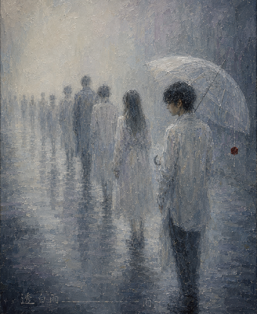 作例：透明傘の列（透 白雨）