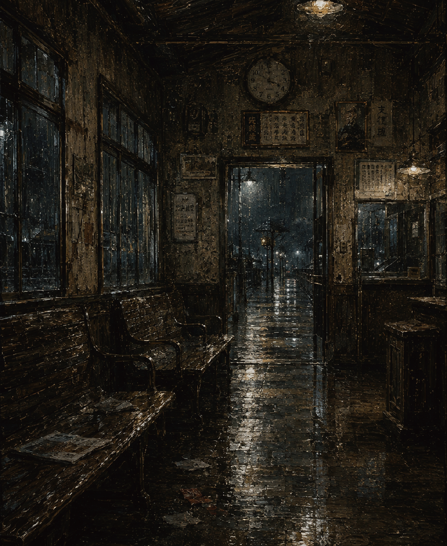 作例：雨夜の待合室（鴉 玄）