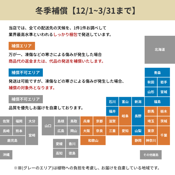 冬季配送に関する重要なお知らせ。寒波による品質保持のため、胡蝶蘭ギフトの一部地域への配送を一時見合わせる案内画像。