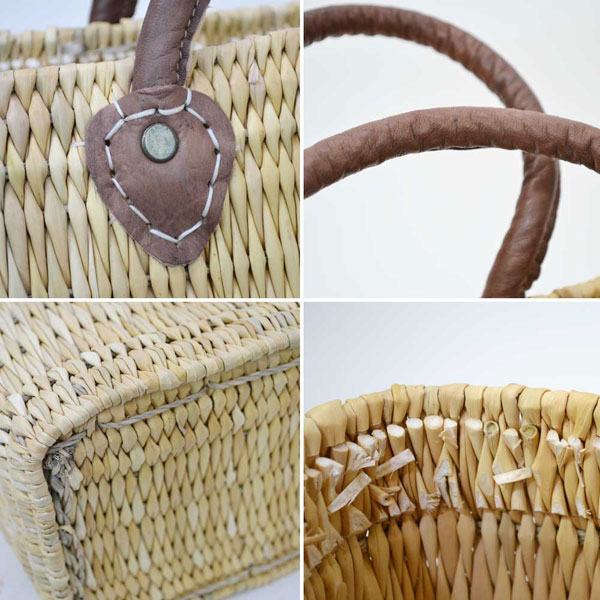 ストロー かごバッグ レザーハンドル M モロッコ製 四角