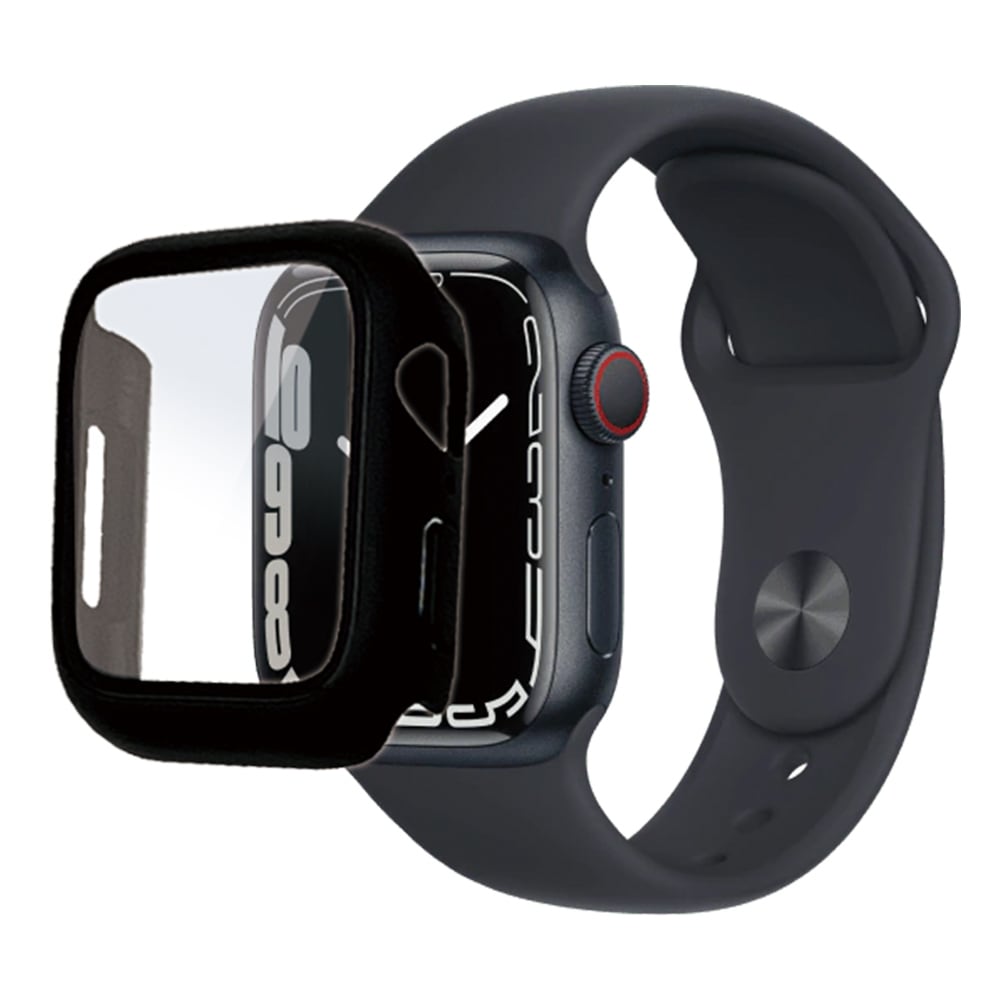 Apple Watch Series9 Series8 Series7 41mm ガラスフィルム ケース カバー ハイブリッド 高光沢 高透明 クリア  PC+GLASS ガラス一体型プロテクター 表面硬度9H ブラック アップルウォッチ GHB3740AW41 ラスタバナナ-ラスタバナナダイレクト