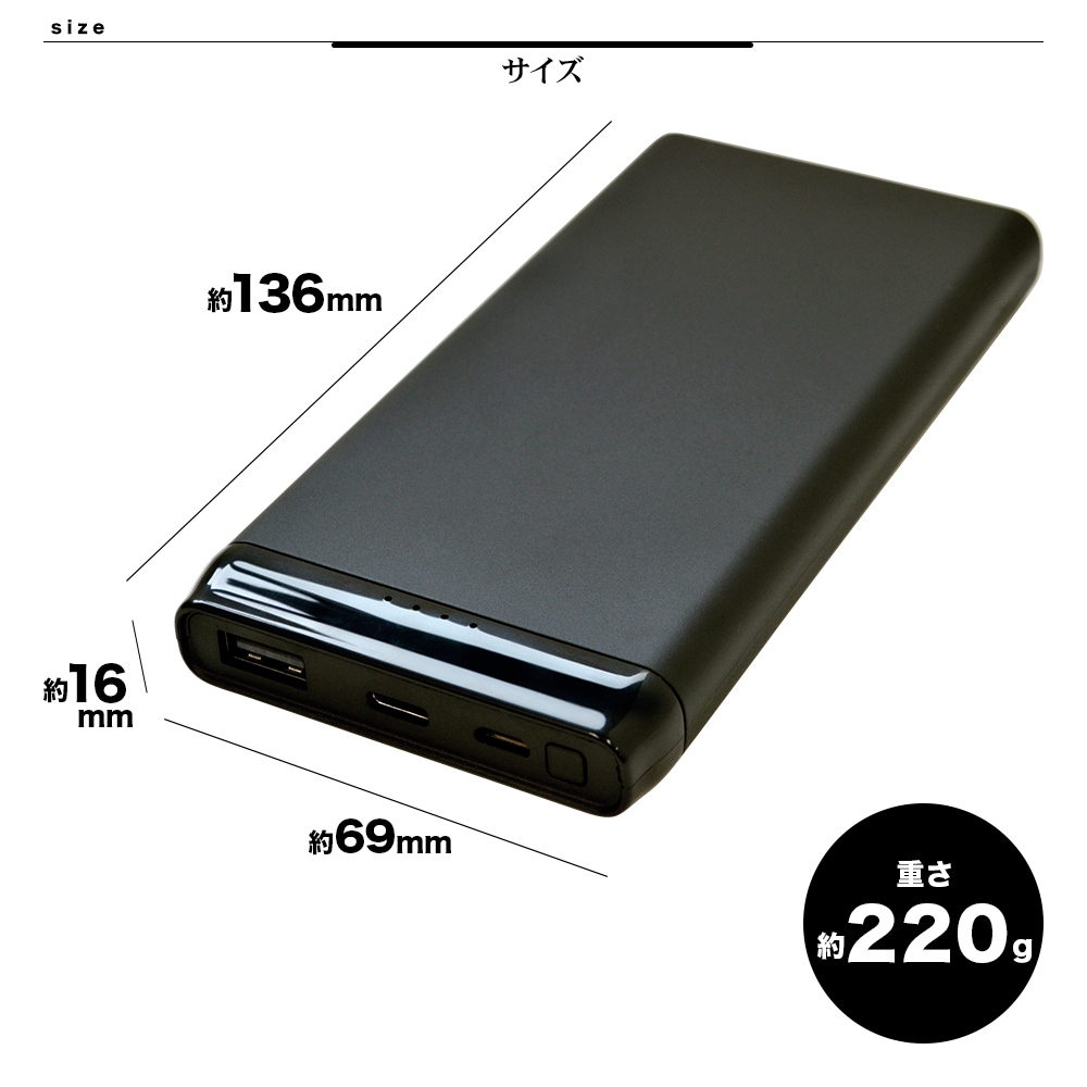 iPhone iPad スマホ タブレット対応 モバイルバッテリー 10000mAh 5V 2.1A タイプA タイプC USB-A Type-C  typec ブラック LEDインジケータ付き 大容量 機内持込可能 2台同時充電 RLI100M2A02BK-ラスタバナナダイレクト