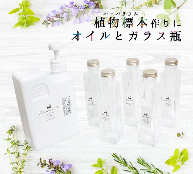 植物標本セット】ガラス瓶(角型瓶/150ml)×5本＋専用オイル1000ml