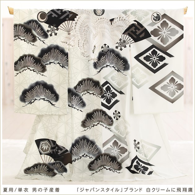お宮参りに夏用単衣男の子産着レンタル、涼しい薄手タイプの赤ちゃん着物