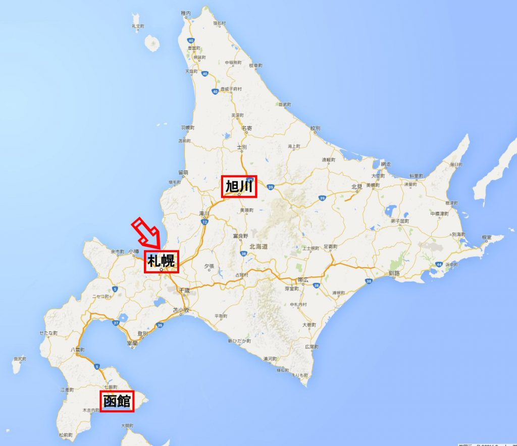 北海道地図における札幌、旭川、函館の位置関係