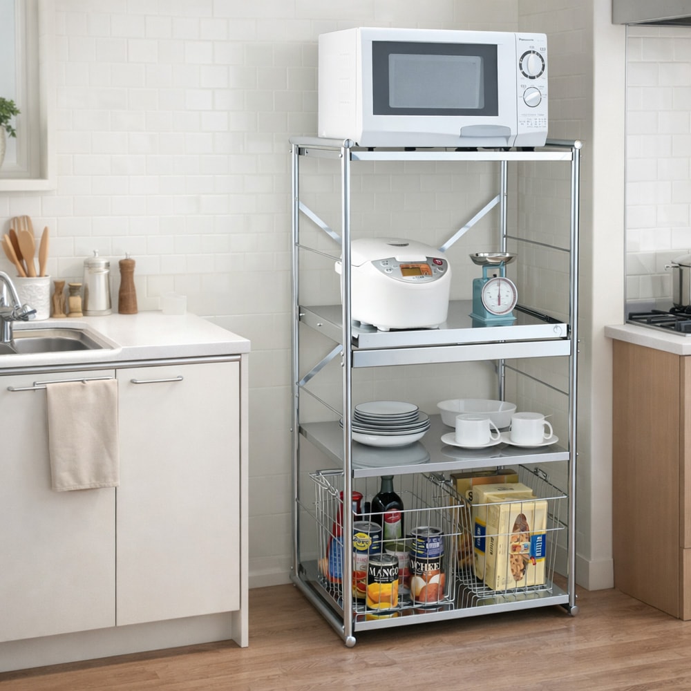 ステンレス製 頑丈レンジラック【スライドテーブル付き・高さ171cm