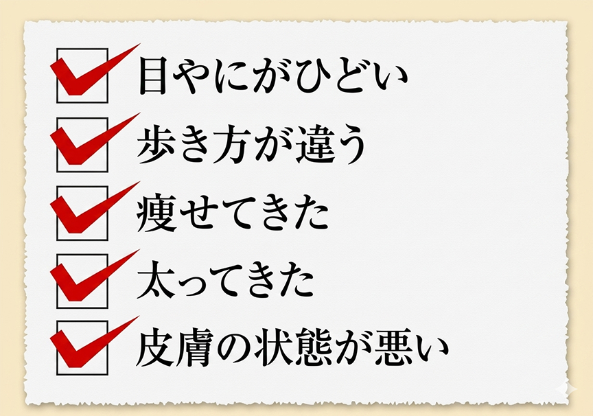 目やにがひどい、歩き方が違う…