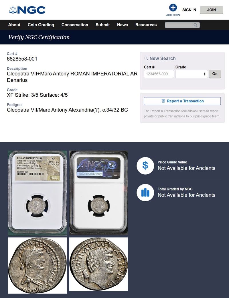 希少！ XF】古代ローマ 紀元前36年 デナリウス銀貨 クレオパトラ7世