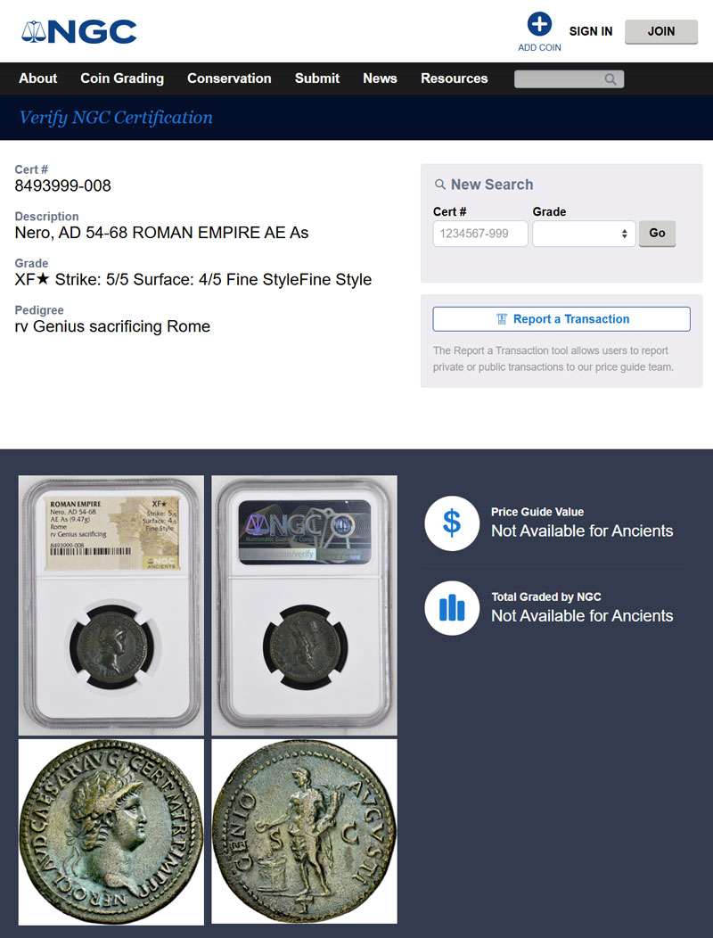 XF☆ Fine Style】古代ローマ帝国 アス貨 64年 ネロ帝 NGC XF☆ Fine