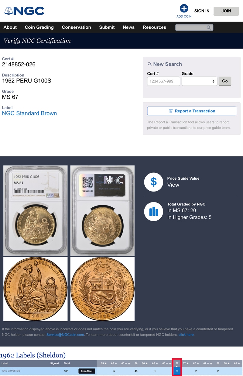 MS67！】ペルー 100ソル 大型金貨 1962年 MS67 希少高鑑定 『第二の