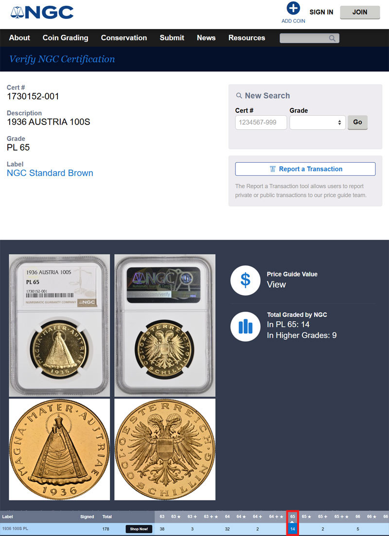 高鑑定 PL65】オーストリア ウィーン 100シリング金貨 1936年 聖母