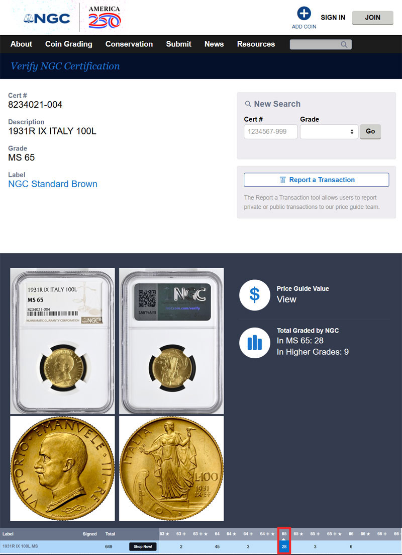 MS65】イタリア 100リレ金貨 1931年 船首上の女神 NGC MS65 | 金貨