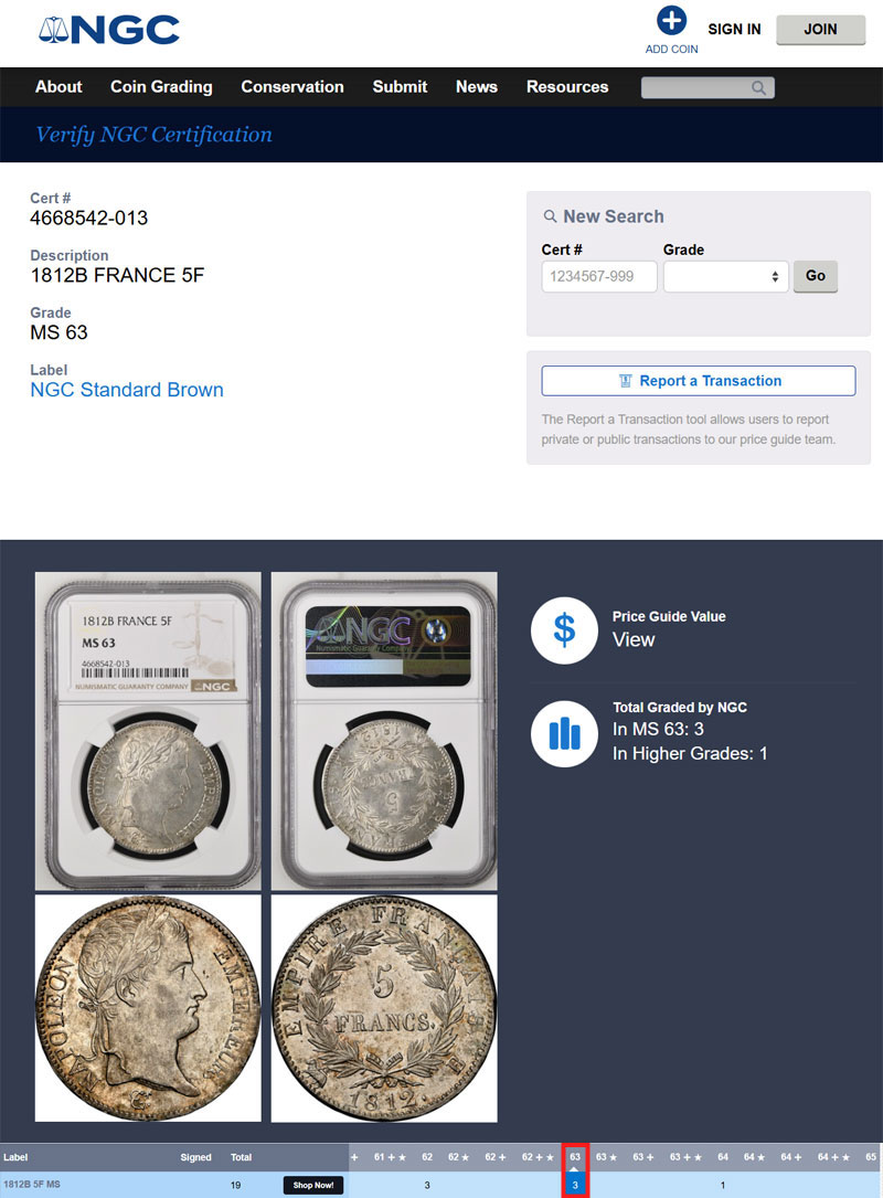 準最高鑑定 MS63】フランス 5フラン銀貨 1812年 ナポレオン1世
