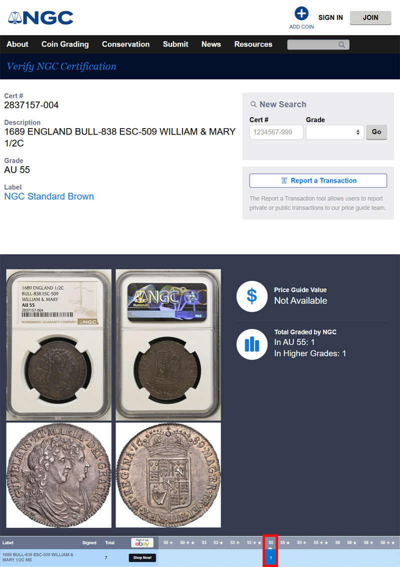 準最高鑑定】英国 ウィリアム＆メアリー ハーフクラウン銀貨 1689年