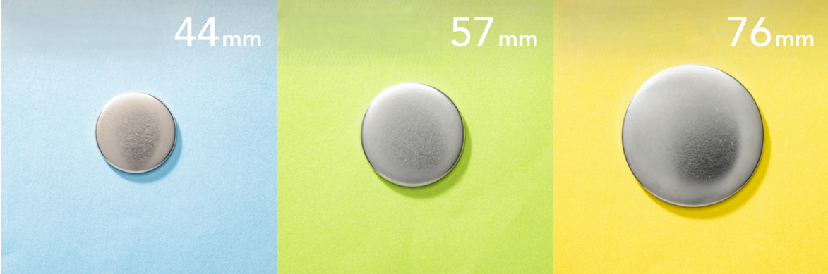 44mm・57mm・76mmの缶バッジサイズの比較図