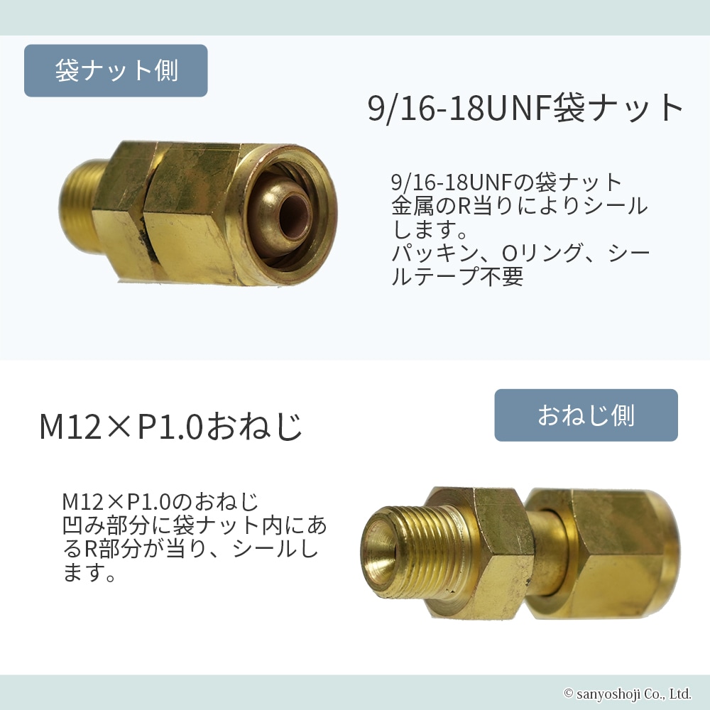 高圧ガス変換継ぎ手9/16-18UNF袋ナット×M12×P1.0おねじ変換継手詳細