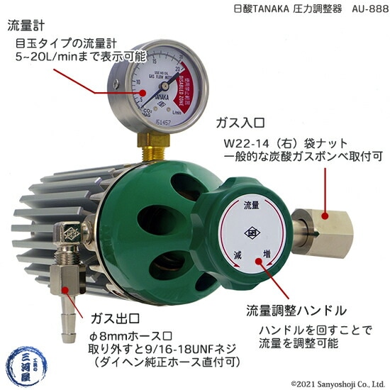 炭酸・MAGガス用アルミフィン付き圧力調整器　AU-888　電源不要　日酸TANAKA製のパーツ図
