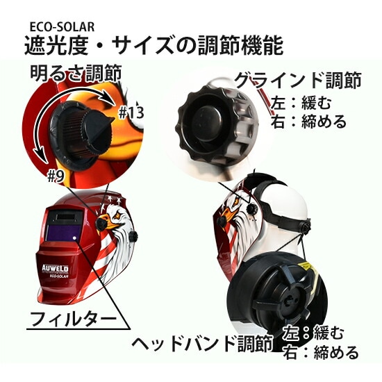 AUWELD 自動遮光面ヘルメット ECO-SOLAR アーク溶接 TIG溶接 半自動溶接 赤 レッド イーグル 遮光度・サイズの調節機能  