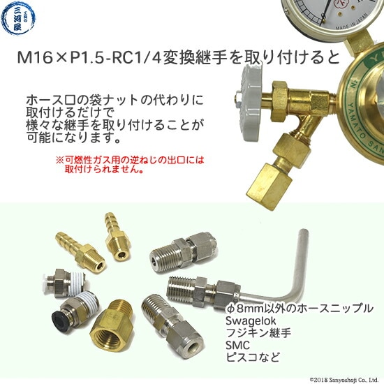 出口変換継手M16×P1.5（右）袋ナット×RC1/4で様々な継手が取り付け可能になります