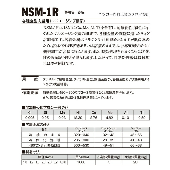 ニツコー熔材 金型肉盛用 TIG溶加棒 NSM-1R カタログ