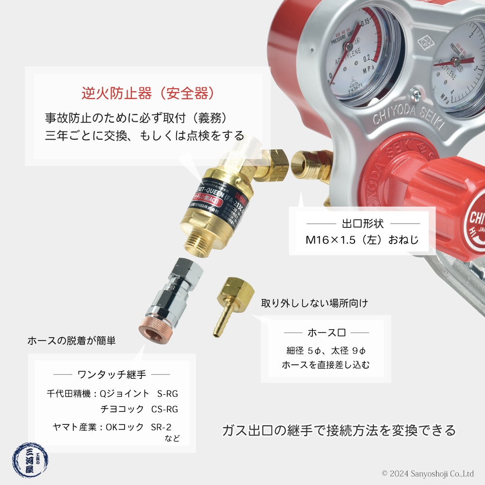 千代田 精機 ( CHIYODA ) 溶断 溶接用 アセチレン 圧力調整器 スタウト SRA型 No.011303 1台に逆火防止器が付いているお得なセット  | アセチレン用 | 工具の三河屋 本店