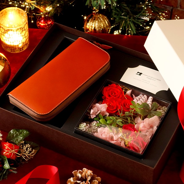 札幌革職人館 ラウンドファスナー長財布 × フラワーギフトセット