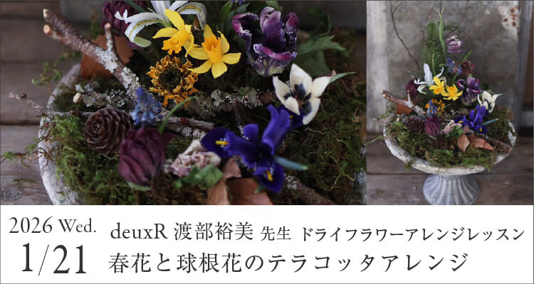 春花と球根花のテラコッタアレンジ