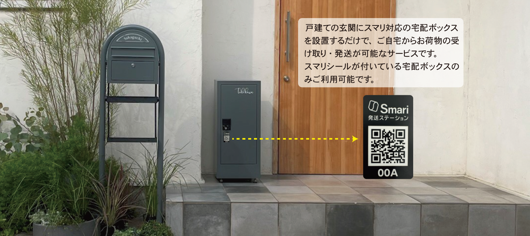 戸建ての玄関にスマリ対応の宅配ボックスを設置するだけで、ご自宅からお荷物の受け取り・発送が可能なサービスです。スマリシールが付いている宅配ボックスのみご利用可能です。