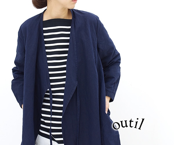 売値■ウティー OUTIL *ROBE LEPINE INDIGO STRIPE*0コットンドビーストライプインディゴカシュクールワンピースVネック羽織り0322 XSサイズ以下