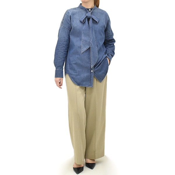 【美品】passione デニムボウタイブラウス パシオーネ デニムシャツ PASSIONE パシオーネ インディゴボウタイシャツ 616912 レディース