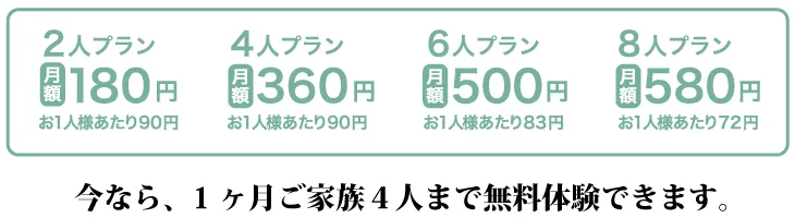 アプリをダウンロードしてインストール後、今なら、一ヶ月ご家族4人まで無料体験できます