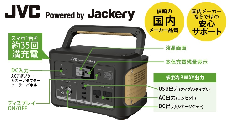 JVCポータブル電源BN-RB62-C（容量626Wh/DC出力口3/AC出力口2/USB出力