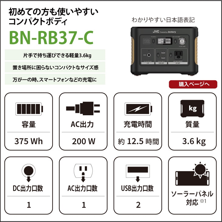 JVCポータブル電源BN-RB62-C（容量626Wh/DC出力口3/AC出力口2/USB出力