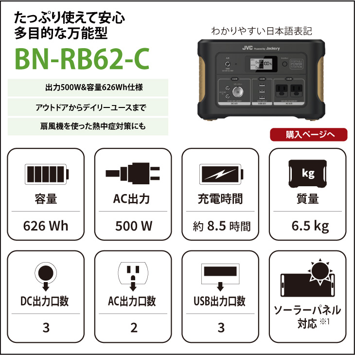 JVCポータブル電源BN-RB62-C（容量626Wh/DC出力口3/AC出力口2/USB出力口3）｜ たっぷり使えて安心。多目的な万能型 | JVC powerd by Jackery