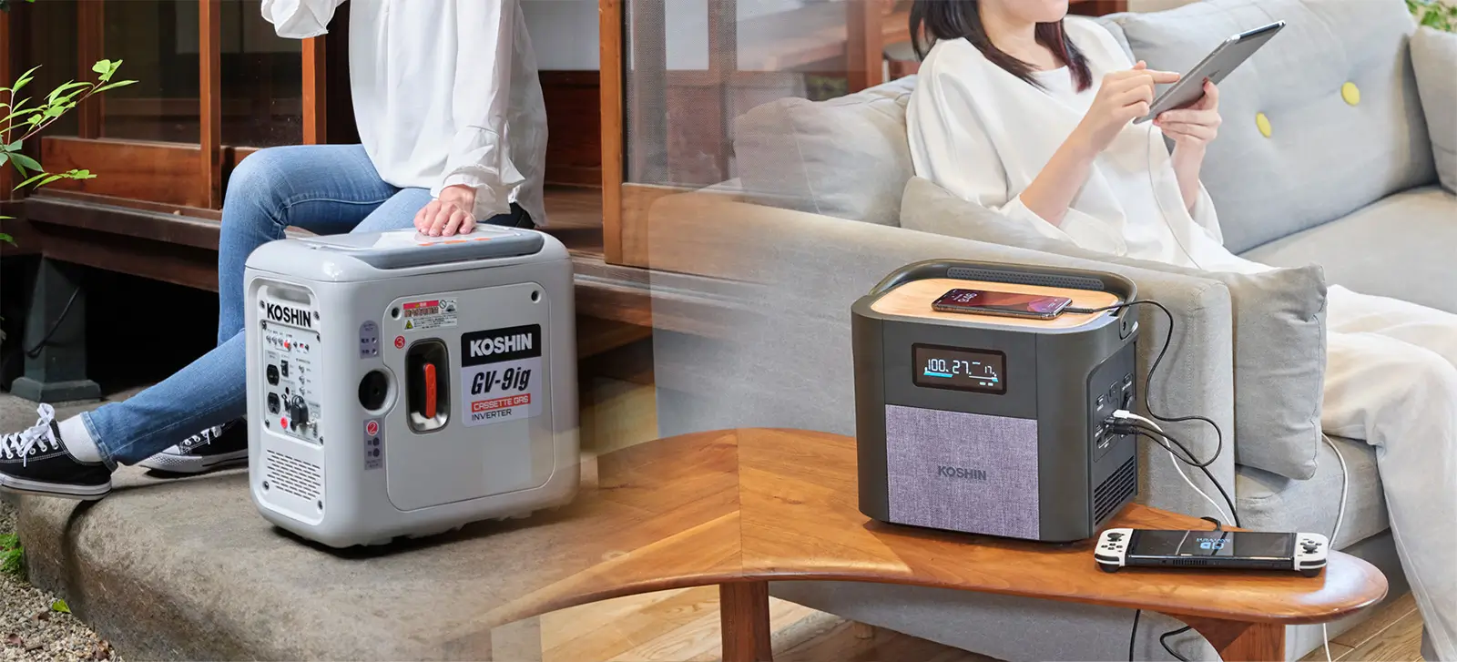 KOSHIN（工進）カセットガス式インバーター発電機 災害時の備えとして、発電機で電気を作り、ポータブル電源に蓄電する