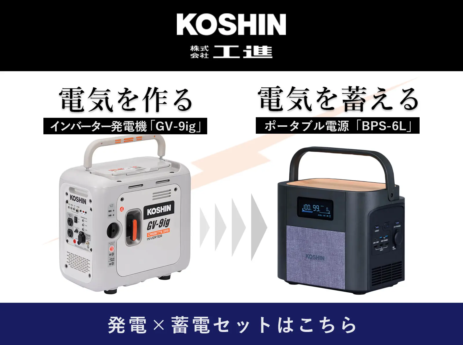 KOSHIN（工進）カセットガス式インバーター発電機 GV-9ig ポータブル電源 BPS セット商品はこちら