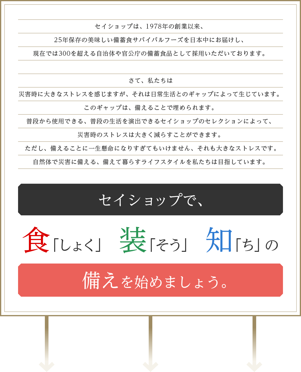 セイショップで、食「しょく」装「そう」知「ち」 の備えを始めましょう。