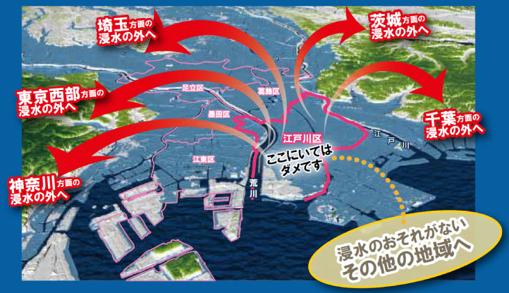 東京都江戸川区ハザードマップ（水害・洪水・高潮）「ここにいてはダメです」浸水のおそれがないその他の地域へ