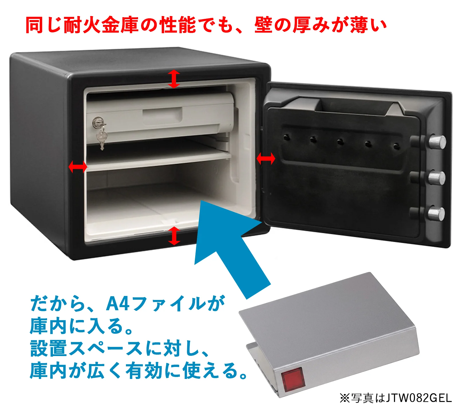 同じ耐火金庫の性能でも、セントリーの金庫は壁の厚みが薄い。だから、A4ファイルが庫内に入る。設置スペースに対し、庫内が広く有効に使える。