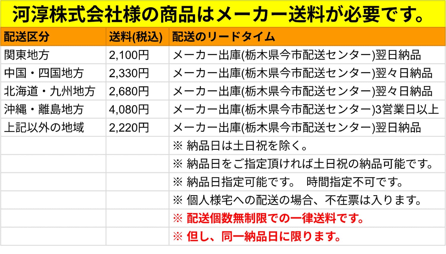 河淳株式会社配送料金表