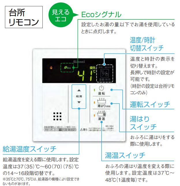 リンナイ 【MC-145V(A)】 ガス給湯器用(給湯専用) 台所リモコン Rinnai