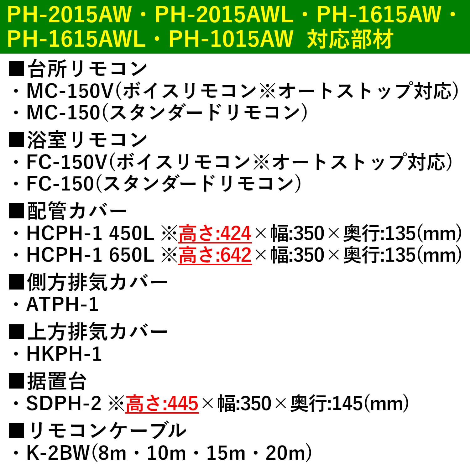 PH-2015AW・PH-2015AWL・PH-1615AW・PH-1615AWL・PH-1015AW_対応部材