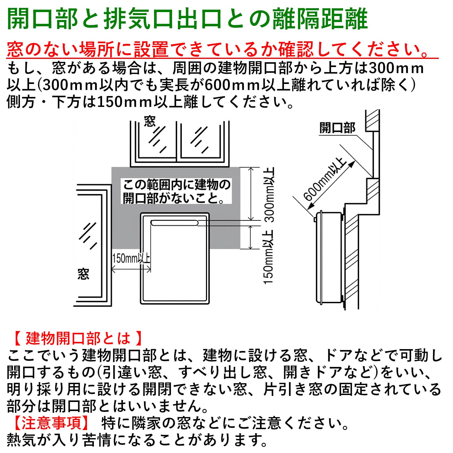 開口部と排気口出口との離隔距離