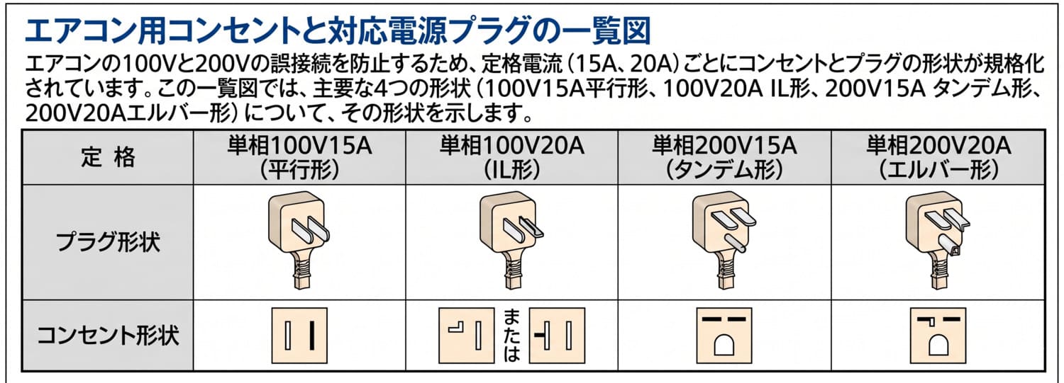 エアコン用コンセントと対応電源プラグの一覧図