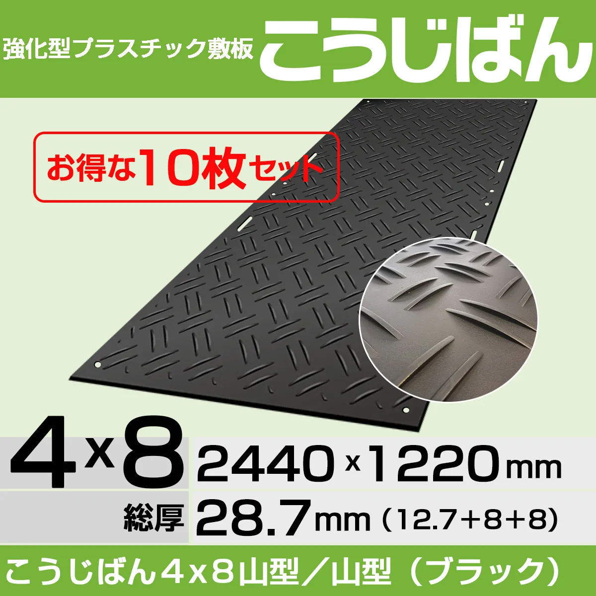 【10枚セット】強化型プラスチック敷板こうじばん４x８山型／山型（ブラック）