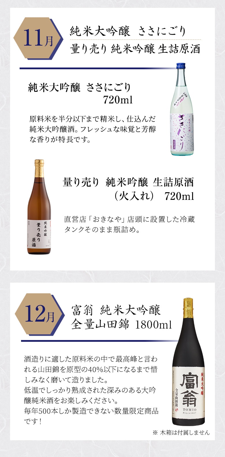 11月 純米大吟醸ささにごり 720ml×1本,量り売り 純米吟醸 生詰原酒 720ml×1本、12月 純米大吟醸 全量山田錦